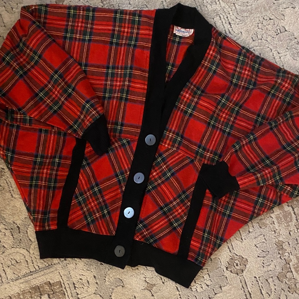 Red Plaid Cardigan with Black Trim
